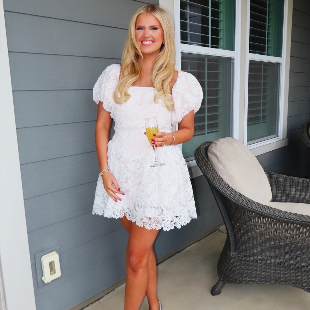 Anthropologie White Lace Puff-Sleeve Mini Dress